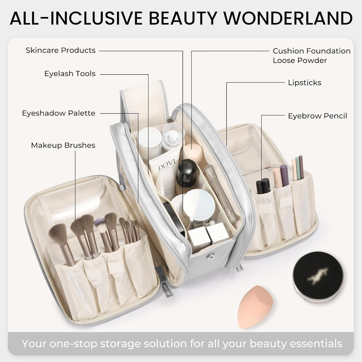 Travel Makeup Bag Women's Large Capacity Cosmetic Portable Organizer Large Opening Waterproof Storage Toiletry Bags Vertical Free-Standing Brush Holder for Easy Access Black