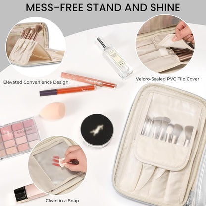 Travel Makeup Bag Women's Large Capacity Cosmetic Portable Organizer Large Opening Waterproof Storage Toiletry Bags Vertical Free-Standing Brush Holder for Easy Access Black