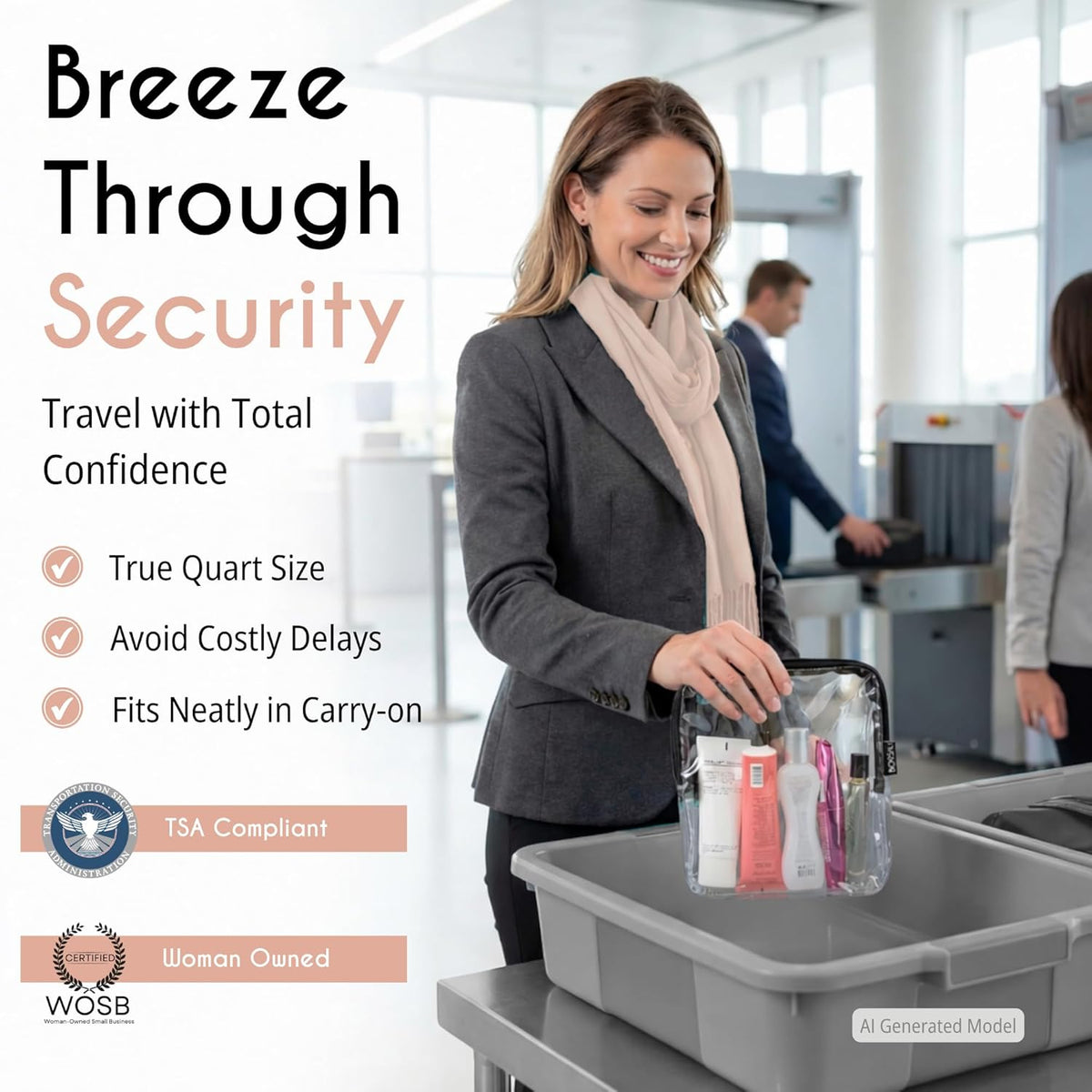 TSA Approved Toiletry Bag, Clear, Quart Size, Taupe | 3-1-1 Liquids for Carry On Travel, Toiletries Organizer, Cosmetic Pouch with Zipper, Travel Accessories