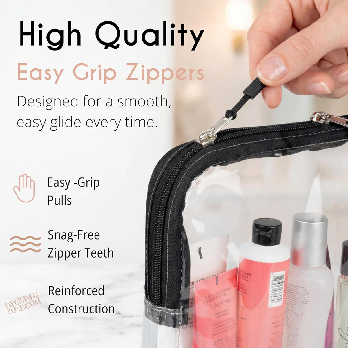 TSA Approved Toiletry Bag, Clear, Quart Size, Taupe | 3-1-1 Liquids for Carry On Travel, Toiletries Organizer, Cosmetic Pouch with Zipper, Travel Accessories