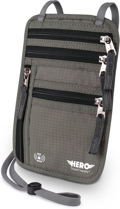 HERO Neck Wallet - RFID Blocking Passport Holder, Easy to Conceal Travel Pouch (Black)
