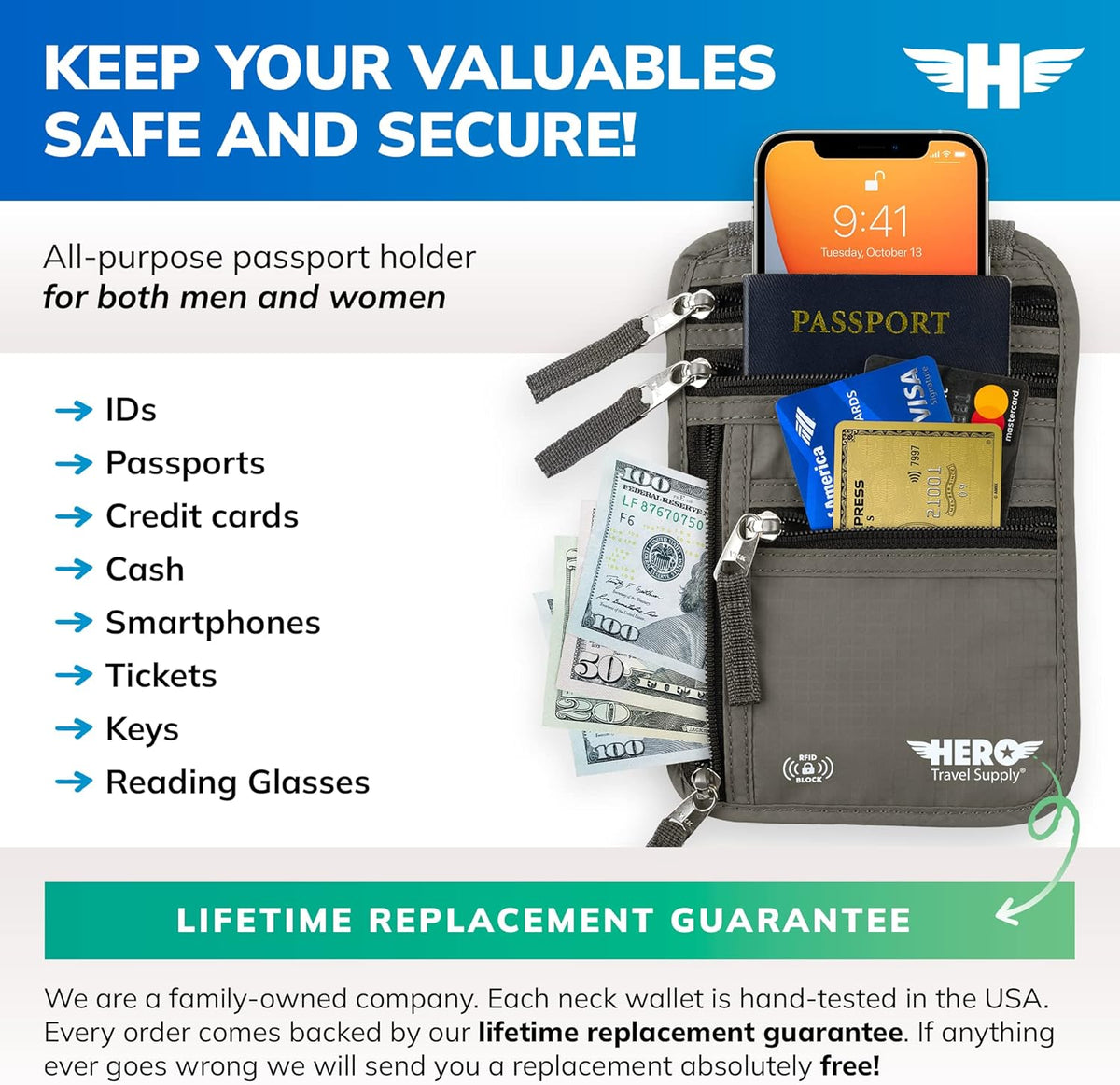 HERO Neck Wallet - RFID Blocking Passport Holder, Easy to Conceal Travel Pouch (Black)