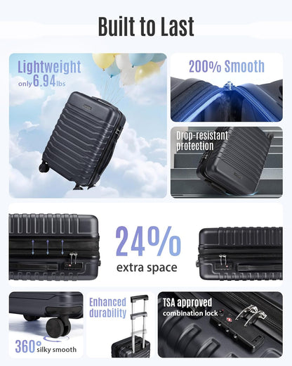 Expandable Carry On Luggage 22x14x9 Airline Approved with Double Spinner Wheels, 20 Inch Lightweight Hard Shell Rolling Suitcases with TSA Lock, Blue