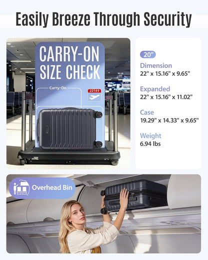 Expandable Carry On Luggage 22x14x9 Airline Approved with Double Spinner Wheels, 20 Inch Lightweight Hard Shell Rolling Suitcases with TSA Lock, Blue