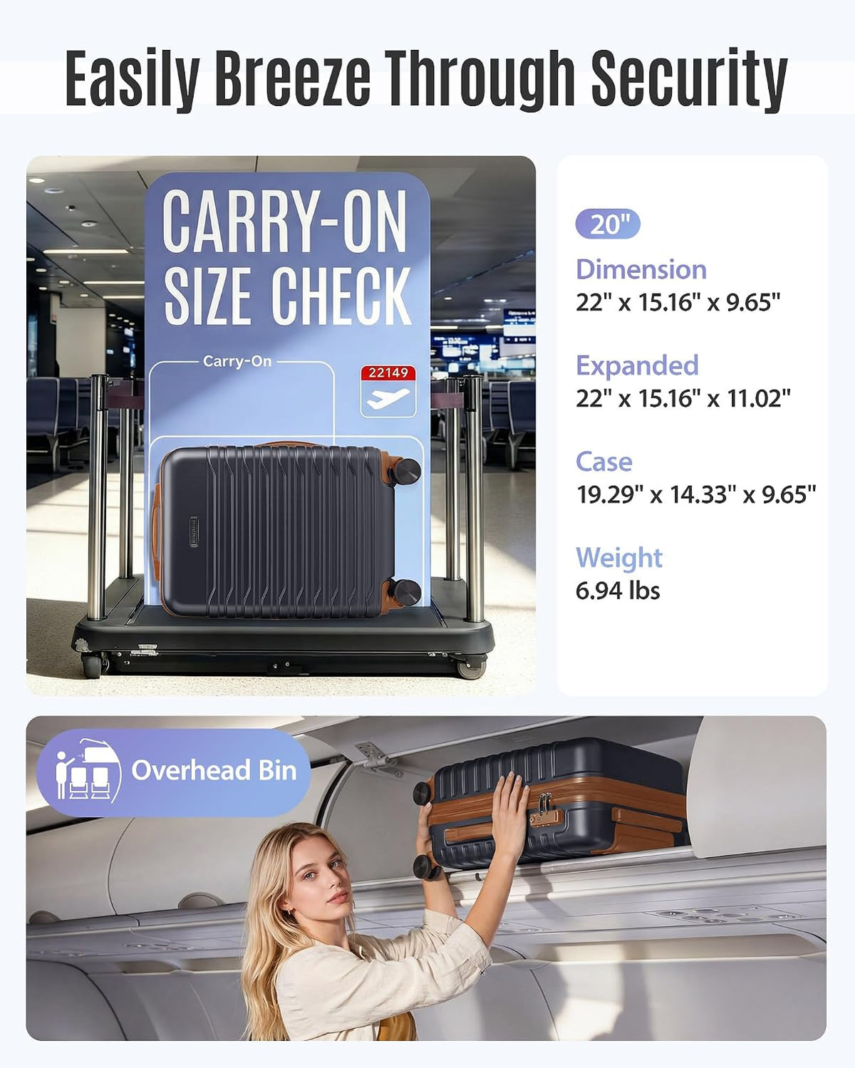 Expandable Carry On Luggage 22x14x9 Airline Approved with Double Spinner Wheels, 20 Inch Lightweight Hard Shell Rolling Suitcases with TSA Lock, Blue