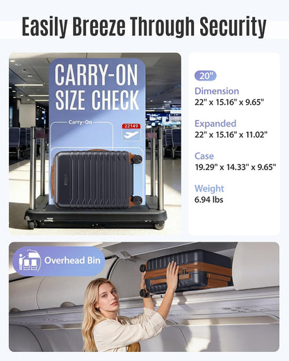 Expandable Carry On Luggage 22x14x9 Airline Approved with Double Spinner Wheels, 20 Inch Lightweight Hard Shell Rolling Suitcases with TSA Lock, Blue