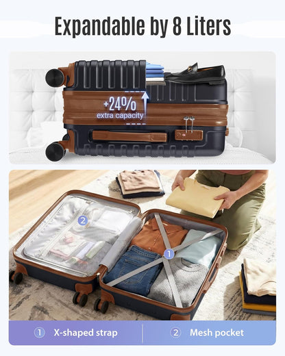 Expandable Carry On Luggage 22x14x9 Airline Approved with Double Spinner Wheels, 20 Inch Lightweight Hard Shell Rolling Suitcases with TSA Lock, Blue