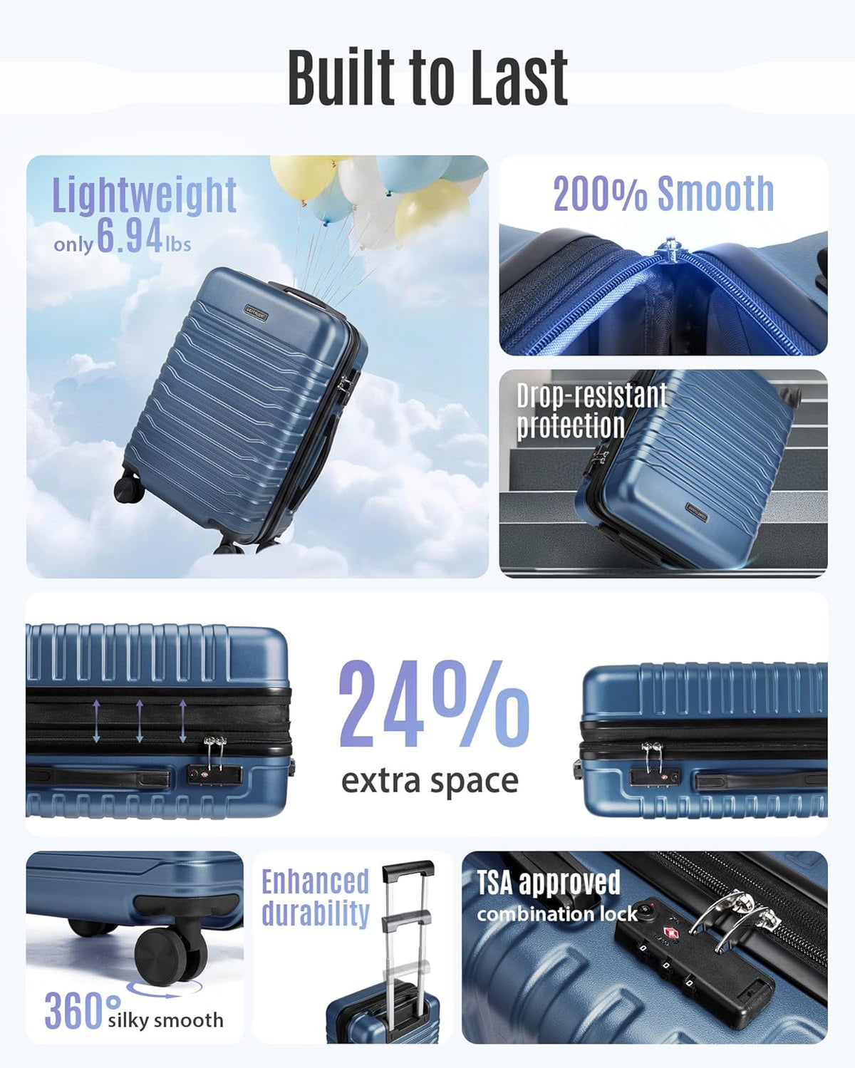 Expandable Carry On Luggage 22x14x9 Airline Approved with Double Spinner Wheels, 20 Inch Lightweight Hard Shell Rolling Suitcases with TSA Lock, Blue