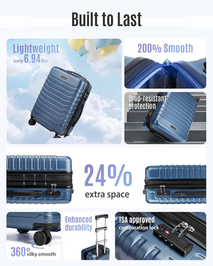 Expandable Carry On Luggage 22x14x9 Airline Approved with Double Spinner Wheels, 20 Inch Lightweight Hard Shell Rolling Suitcases with TSA Lock, Blue