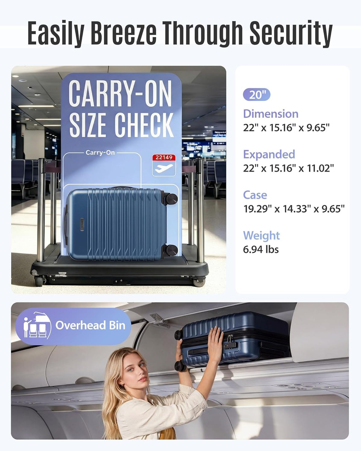 Expandable Carry On Luggage 22x14x9 Airline Approved with Double Spinner Wheels, 20 Inch Lightweight Hard Shell Rolling Suitcases with TSA Lock, Blue