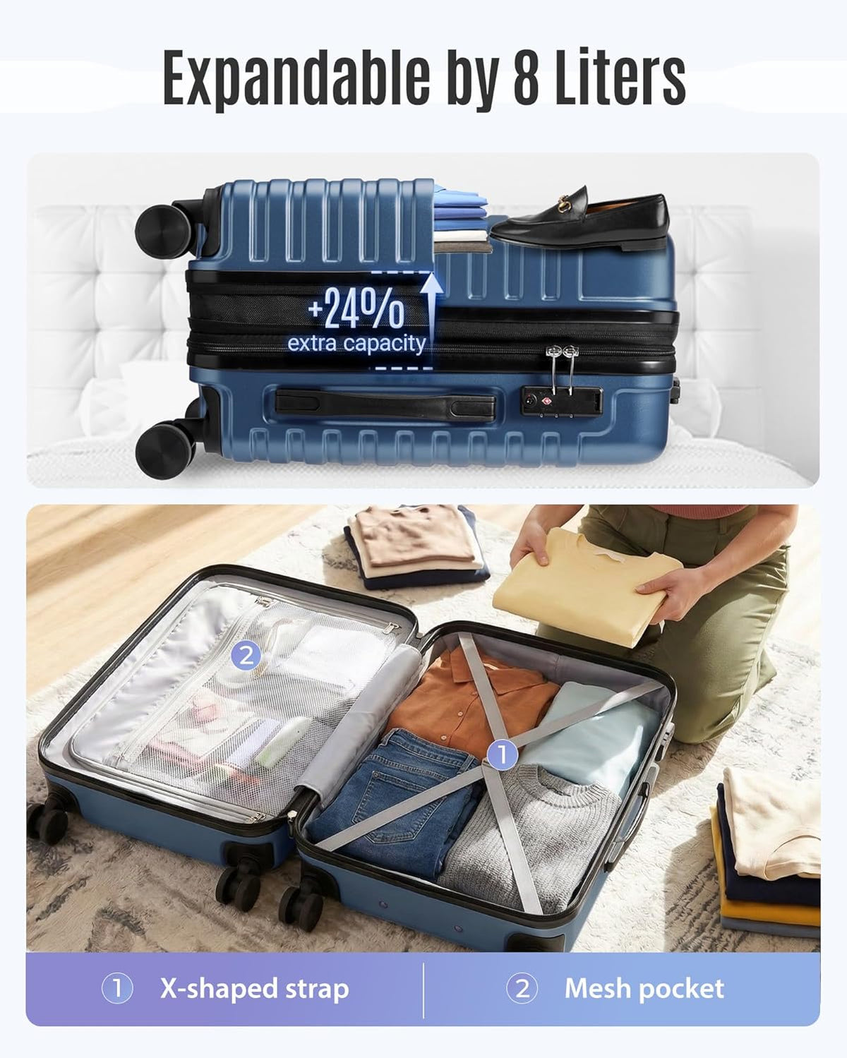Expandable Carry On Luggage 22x14x9 Airline Approved with Double Spinner Wheels, 20 Inch Lightweight Hard Shell Rolling Suitcases with TSA Lock, Blue
