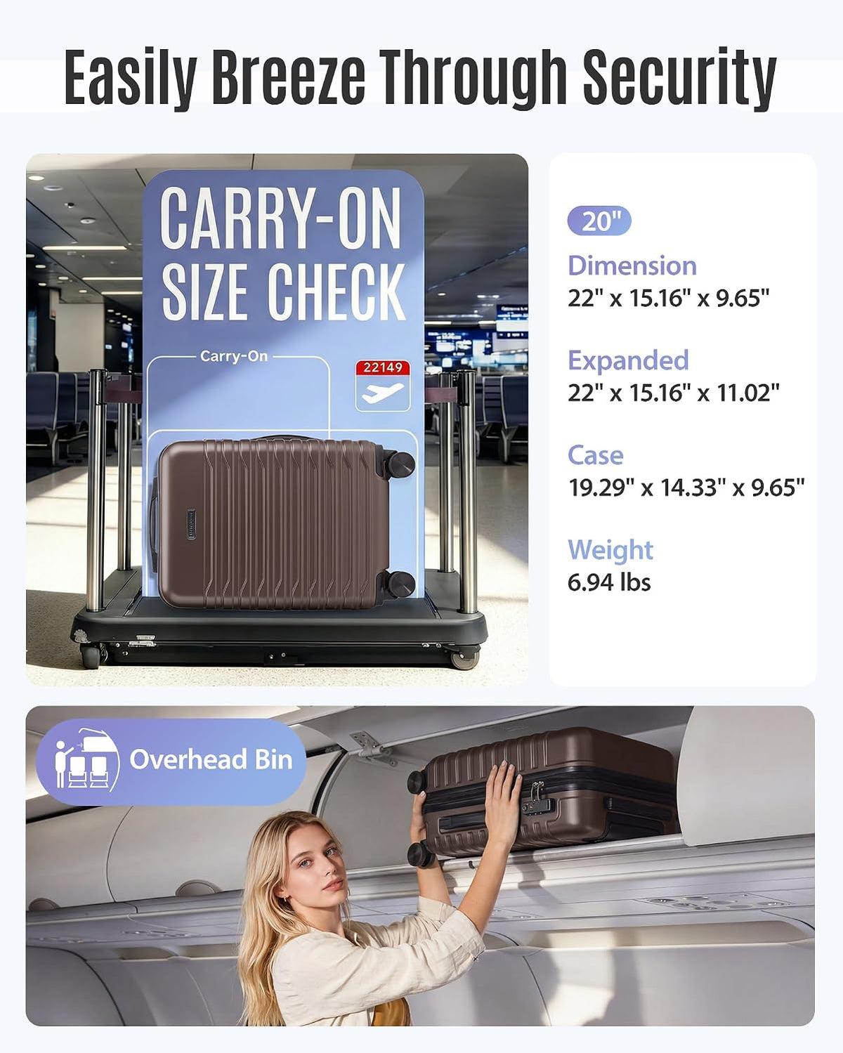 Expandable Carry On Luggage 22x14x9 Airline Approved with Double Spinner Wheels, 20 Inch Lightweight Hard Shell Rolling Suitcases with TSA Lock, Blue