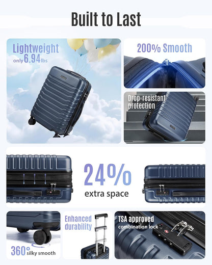 Expandable Carry On Luggage 22x14x9 Airline Approved with Double Spinner Wheels, 20 Inch Lightweight Hard Shell Rolling Suitcases with TSA Lock, Blue