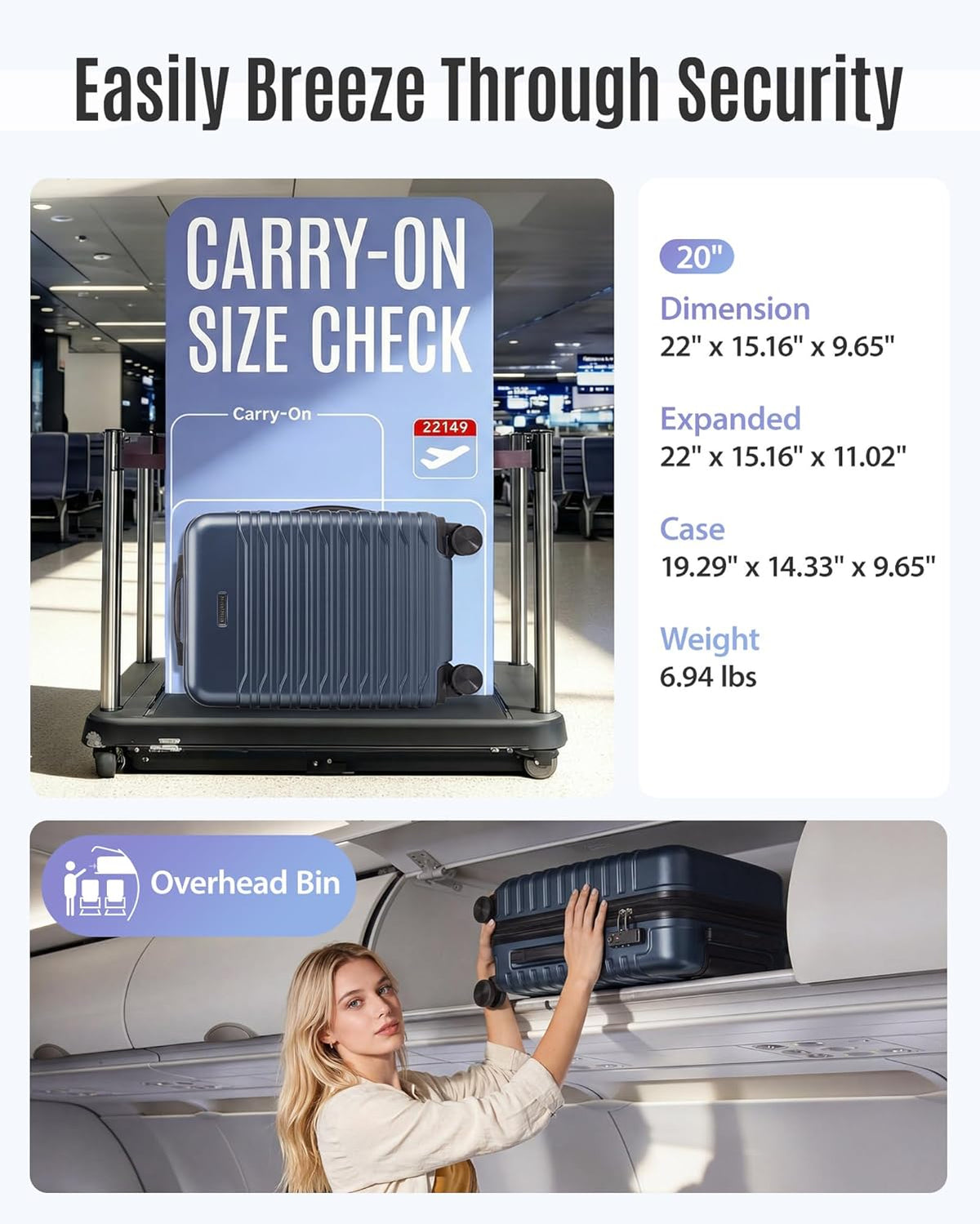 Expandable Carry On Luggage 22x14x9 Airline Approved with Double Spinner Wheels, 20 Inch Lightweight Hard Shell Rolling Suitcases with TSA Lock, Blue
