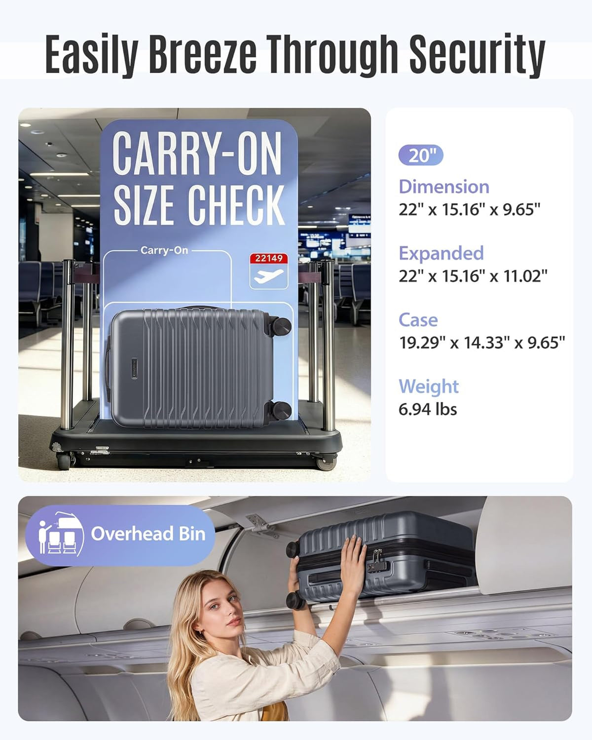 Expandable Carry On Luggage 22x14x9 Airline Approved with Double Spinner Wheels, 20 Inch Lightweight Hard Shell Rolling Suitcases with TSA Lock, Blue