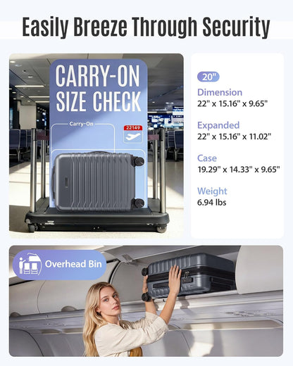 Expandable Carry On Luggage 22x14x9 Airline Approved with Double Spinner Wheels, 20 Inch Lightweight Hard Shell Rolling Suitcases with TSA Lock, Blue