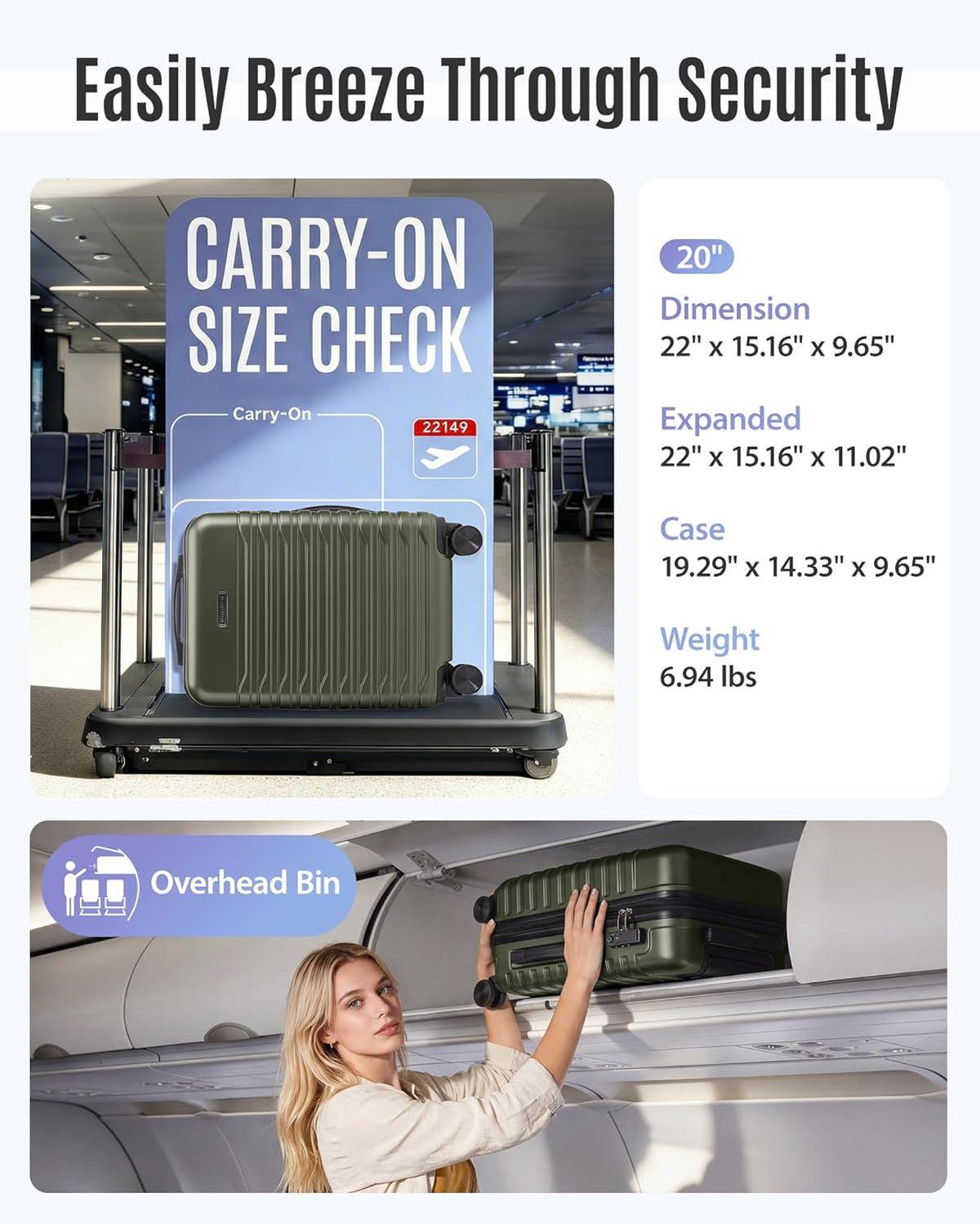 Expandable Carry On Luggage 22x14x9 Airline Approved with Double Spinner Wheels, 20 Inch Lightweight Hard Shell Rolling Suitcases with TSA Lock, Blue
