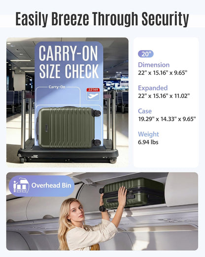 Expandable Carry On Luggage 22x14x9 Airline Approved with Double Spinner Wheels, 20 Inch Lightweight Hard Shell Rolling Suitcases with TSA Lock, Blue