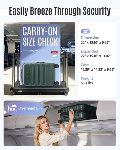 Expandable Carry On Luggage 22x14x9 Airline Approved with Double Spinner Wheels, 20 Inch Lightweight Hard Shell Rolling Suitcases with TSA Lock, Blue