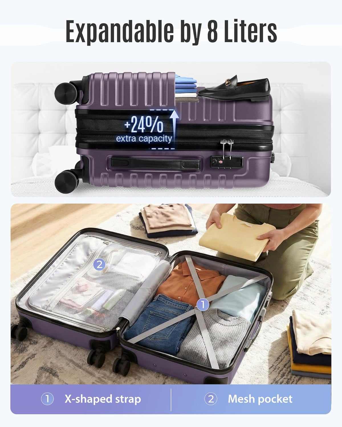 Expandable Carry On Luggage 22x14x9 Airline Approved with Double Spinner Wheels, 20 Inch Lightweight Hard Shell Rolling Suitcases with TSA Lock, Blue