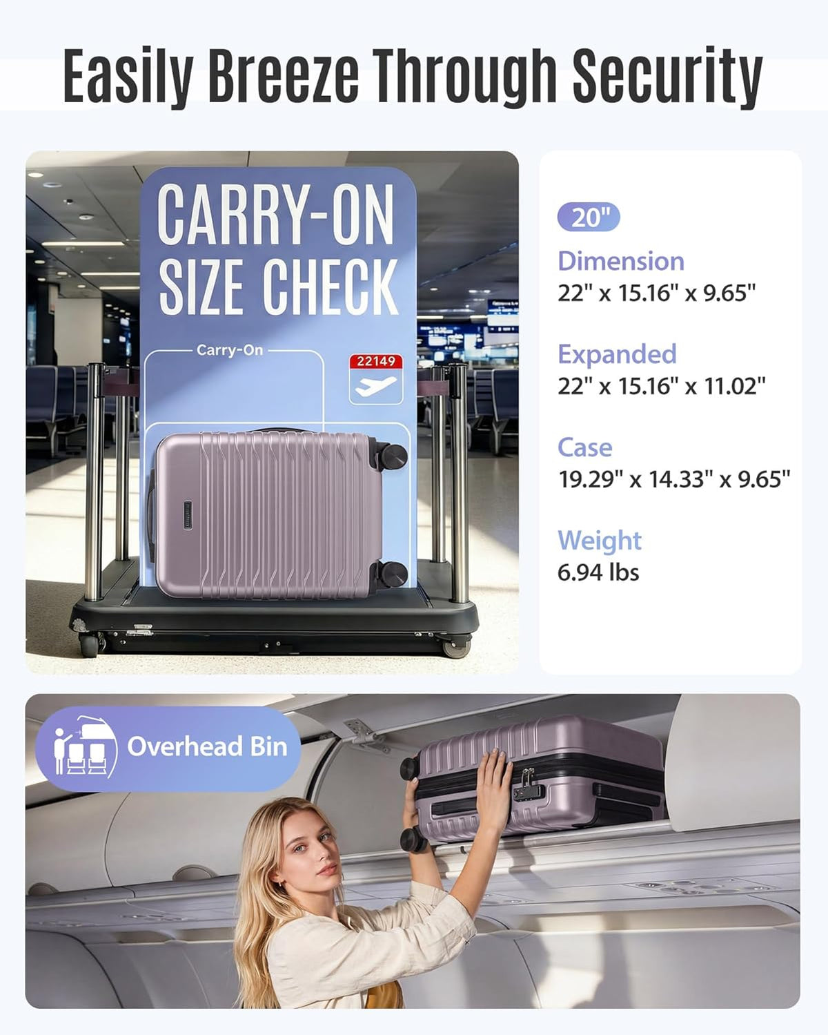 Expandable Carry On Luggage 22x14x9 Airline Approved with Double Spinner Wheels, 20 Inch Lightweight Hard Shell Rolling Suitcases with TSA Lock, Blue