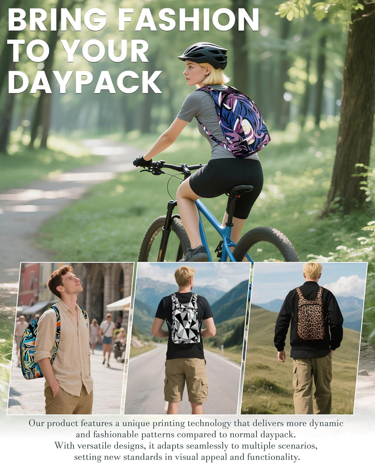 Pocket-Sized Hiking Daypack, Fashion patterns Lightweight 2.8oz, Water resistant Backpack for Women Men Camping (Blue&Green swirl)