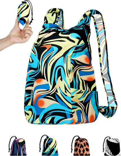 Pocket-Sized Hiking Daypack, Fashion patterns Lightweight 2.8oz, Water resistant Backpack for Women Men Camping (Blue&Green swirl)