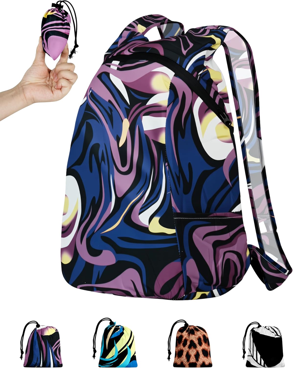 Pocket-Sized Hiking Daypack, Fashion patterns Lightweight 2.8oz, Water resistant Backpack for Women Men Camping (Blue&Green swirl)