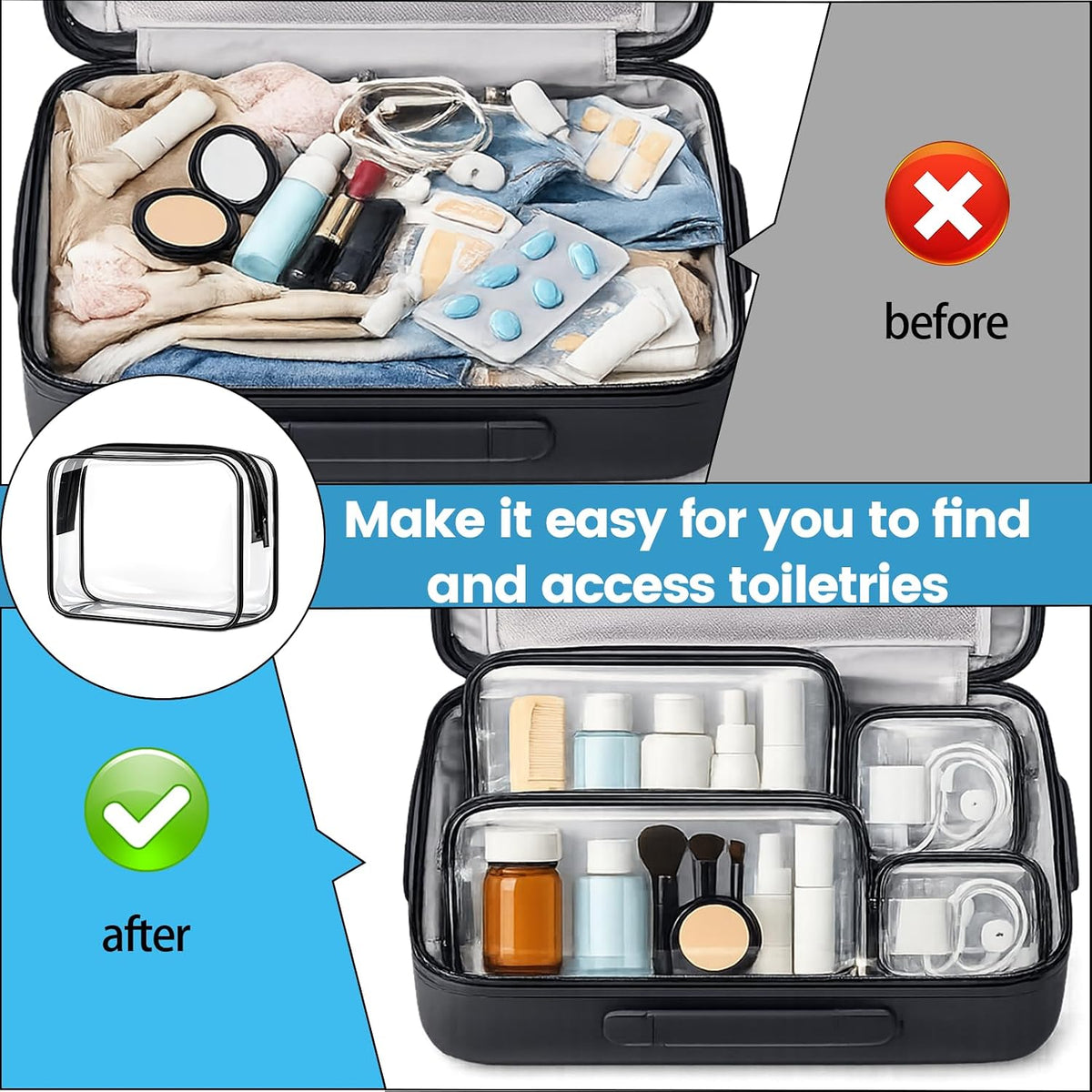 3 Pack Clear TSA Approved Toiletry Bag, Water Resistant Makeup Organizer