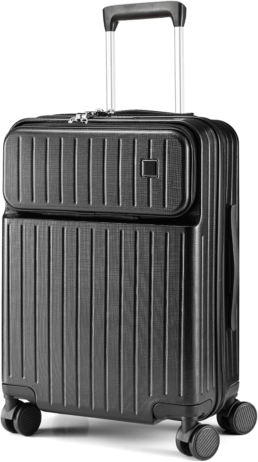 20 Inch Carry On Luggage with Front Laptop Pocket, Hardside Suitcase with Spinner Wheels & TSA Lock, Lightweight Travel Trolley with Aluminum Handle for Business Airline Flights, Black