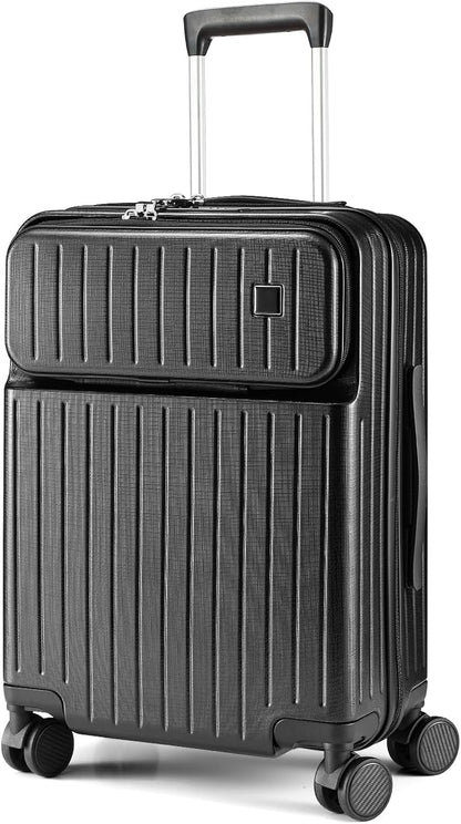 20 Inch Carry On Luggage with Front Laptop Pocket, Hardside Suitcase with Spinner Wheels & TSA Lock, Lightweight Travel Trolley with Aluminum Handle for Business Airline Flights, Black