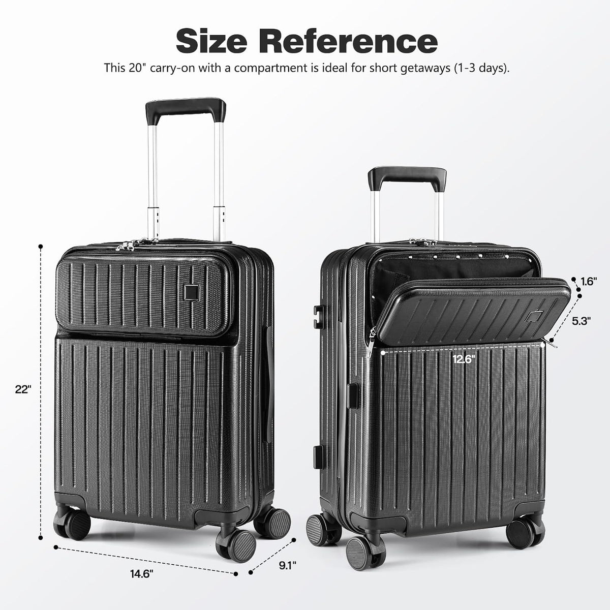20 Inch Carry On Luggage with Front Laptop Pocket, Hardside Suitcase with Spinner Wheels & TSA Lock, Lightweight Travel Trolley with Aluminum Handle for Business Airline Flights, Black