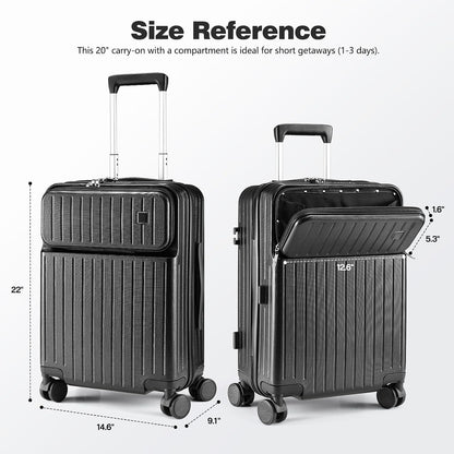 20 Inch Carry On Luggage with Front Laptop Pocket, Hardside Suitcase with Spinner Wheels & TSA Lock, Lightweight Travel Trolley with Aluminum Handle for Business Airline Flights, Black