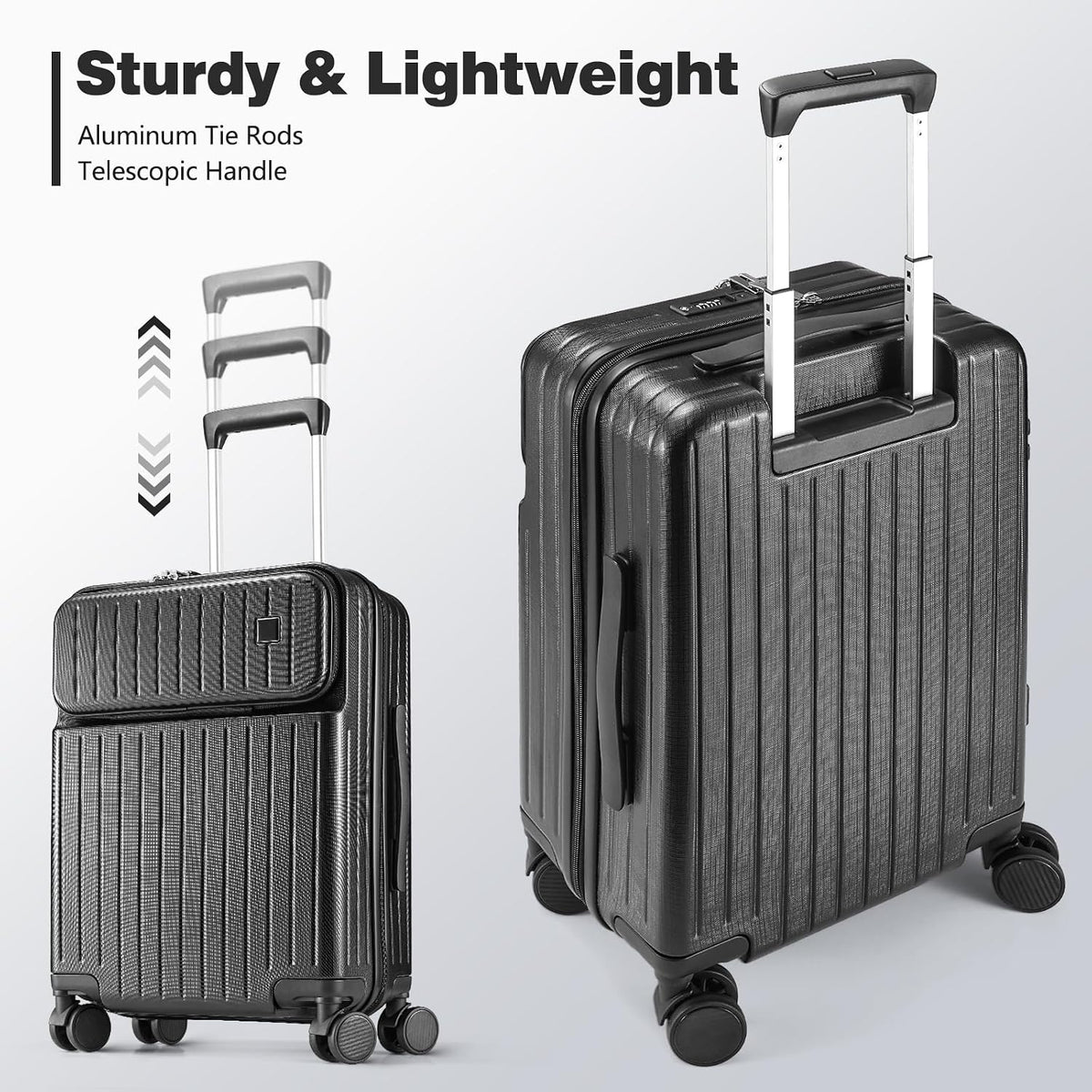 20 Inch Carry On Luggage with Front Laptop Pocket, Hardside Suitcase with Spinner Wheels & TSA Lock, Lightweight Travel Trolley with Aluminum Handle for Business Airline Flights, Black