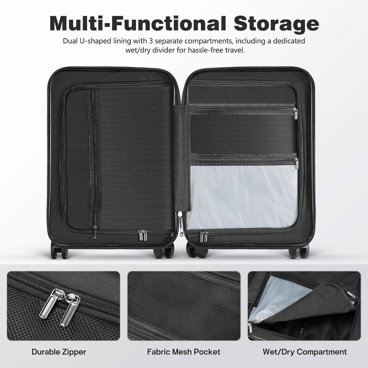 20 Inch Carry On Luggage with Front Laptop Pocket, Hardside Suitcase with Spinner Wheels & TSA Lock, Lightweight Travel Trolley with Aluminum Handle for Business Airline Flights, Black