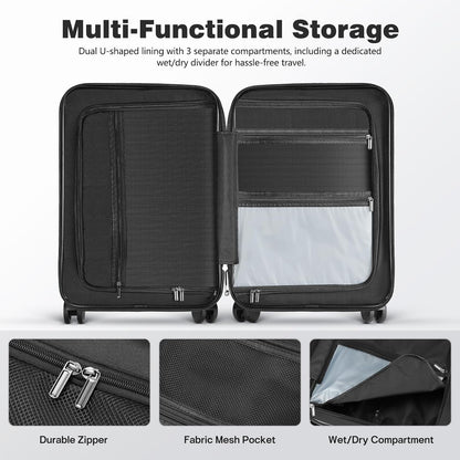 20 Inch Carry On Luggage with Front Laptop Pocket, Hardside Suitcase with Spinner Wheels & TSA Lock, Lightweight Travel Trolley with Aluminum Handle for Business Airline Flights, Black