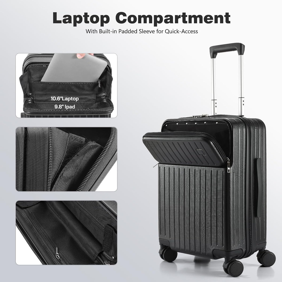 20 Inch Carry On Luggage with Front Laptop Pocket, Hardside Suitcase with Spinner Wheels & TSA Lock, Lightweight Travel Trolley with Aluminum Handle for Business Airline Flights, Black