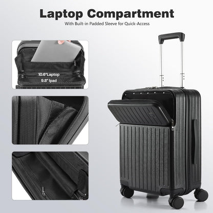 20 Inch Carry On Luggage with Front Laptop Pocket, Hardside Suitcase with Spinner Wheels & TSA Lock, Lightweight Travel Trolley with Aluminum Handle for Business Airline Flights, Black