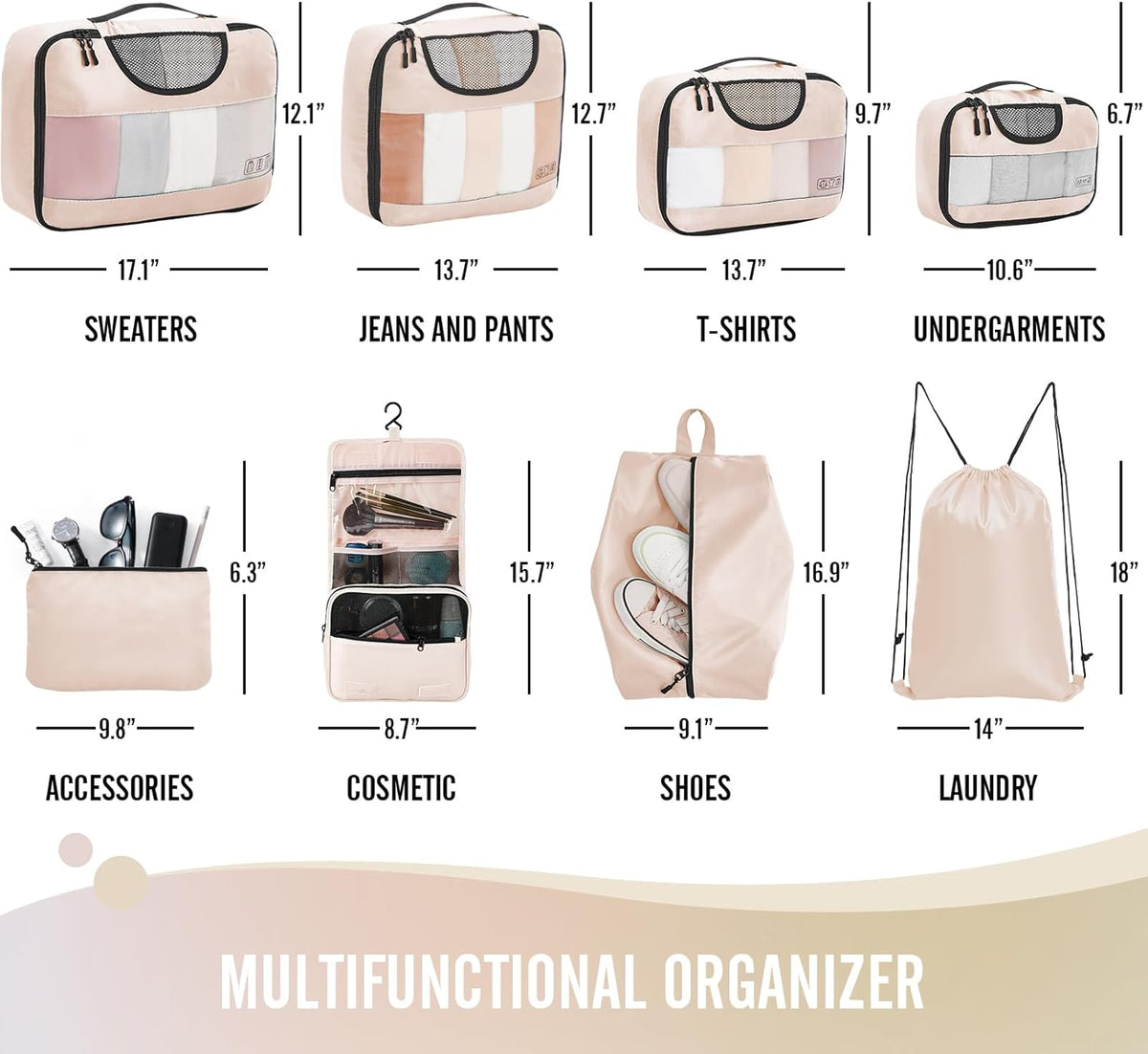 8 Set Packing Cubes for Travel Essentials, Suitcase Organizer Bags in 4 Sizes, Carry-On Luggage Accessories with Laundry Bag, Airplane Must Have, Gifts for Women Men
