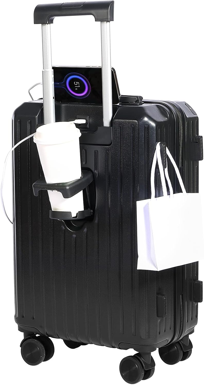 Carry-on Luggage with Cup Holder & USB Charging Port, Hard Side Luggage with Spinner Wheels, Lightweight Luggage for Travel, Business (White, Carry-On 20-Inch)