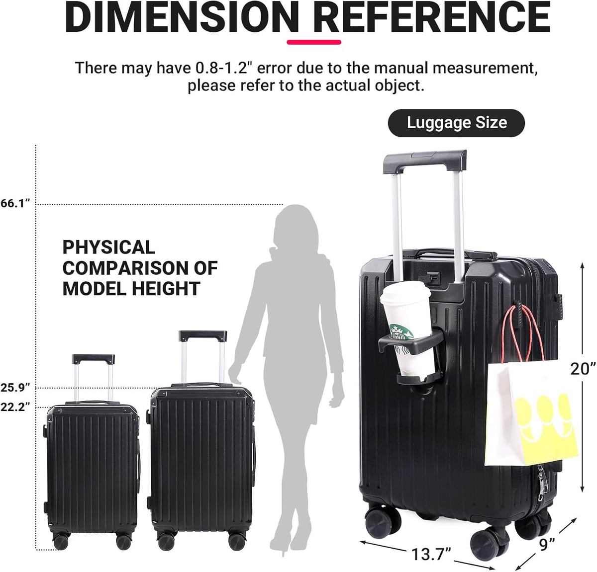 Carry-on Luggage with Cup Holder & USB Charging Port, Hard Side Luggage with Spinner Wheels, Lightweight Luggage for Travel, Business (White, Carry-On 20-Inch)