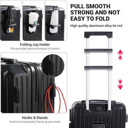 Carry-on Luggage with Cup Holder & USB Charging Port, Hard Side Luggage with Spinner Wheels, Lightweight Luggage for Travel, Business (White, Carry-On 20-Inch)