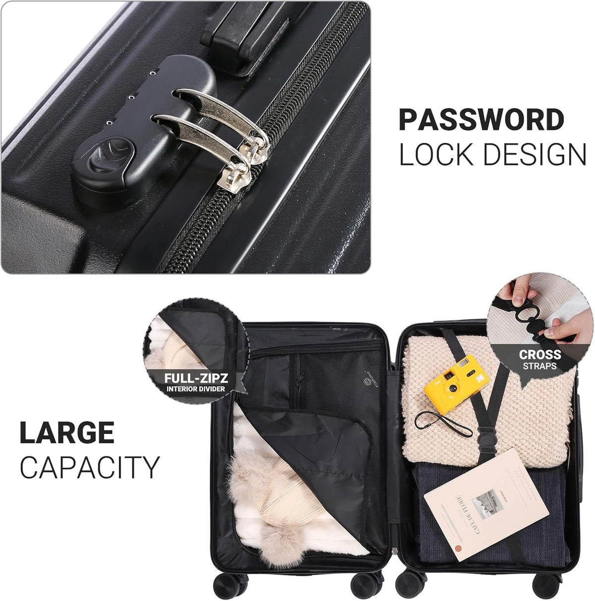Carry-on Luggage with Cup Holder & USB Charging Port, Hard Side Luggage with Spinner Wheels, Lightweight Luggage for Travel, Business (White, Carry-On 20-Inch)