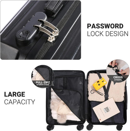 Carry-on Luggage with Cup Holder & USB Charging Port, Hard Side Luggage with Spinner Wheels, Lightweight Luggage for Travel, Business (White, Carry-On 20-Inch)