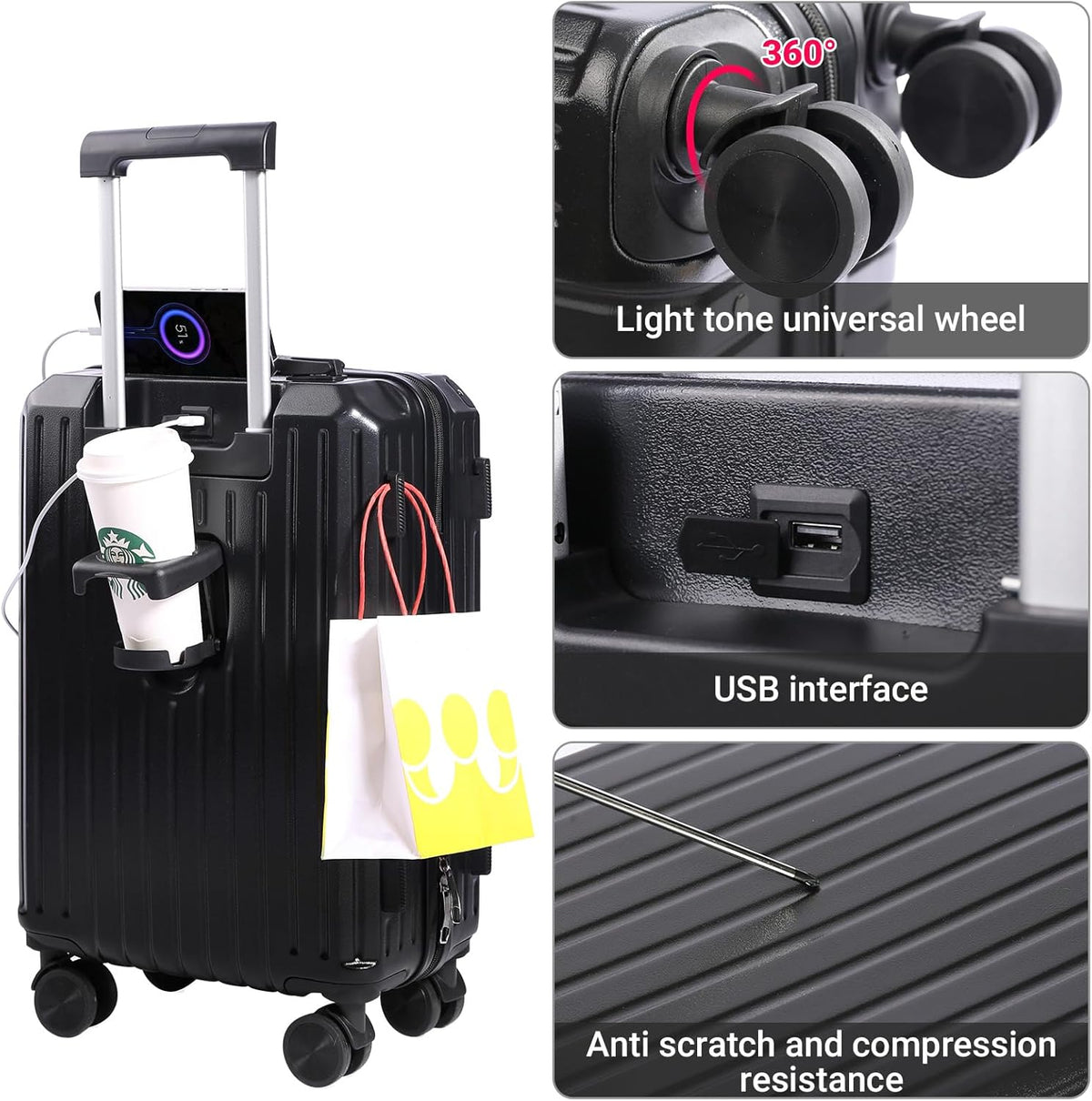 Carry-on Luggage with Cup Holder & USB Charging Port, Hard Side Luggage with Spinner Wheels, Lightweight Luggage for Travel, Business (White, Carry-On 20-Inch)