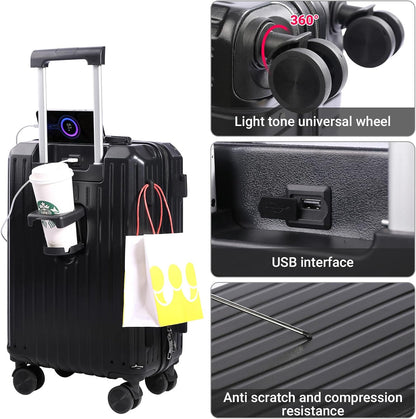 Carry-on Luggage with Cup Holder & USB Charging Port, Hard Side Luggage with Spinner Wheels, Lightweight Luggage for Travel, Business (White, Carry-On 20-Inch)