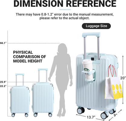 Carry-on Luggage with Cup Holder & USB Charging Port, Hard Side Luggage with Spinner Wheels, Lightweight Luggage for Travel, Business (White, Carry-On 20-Inch)