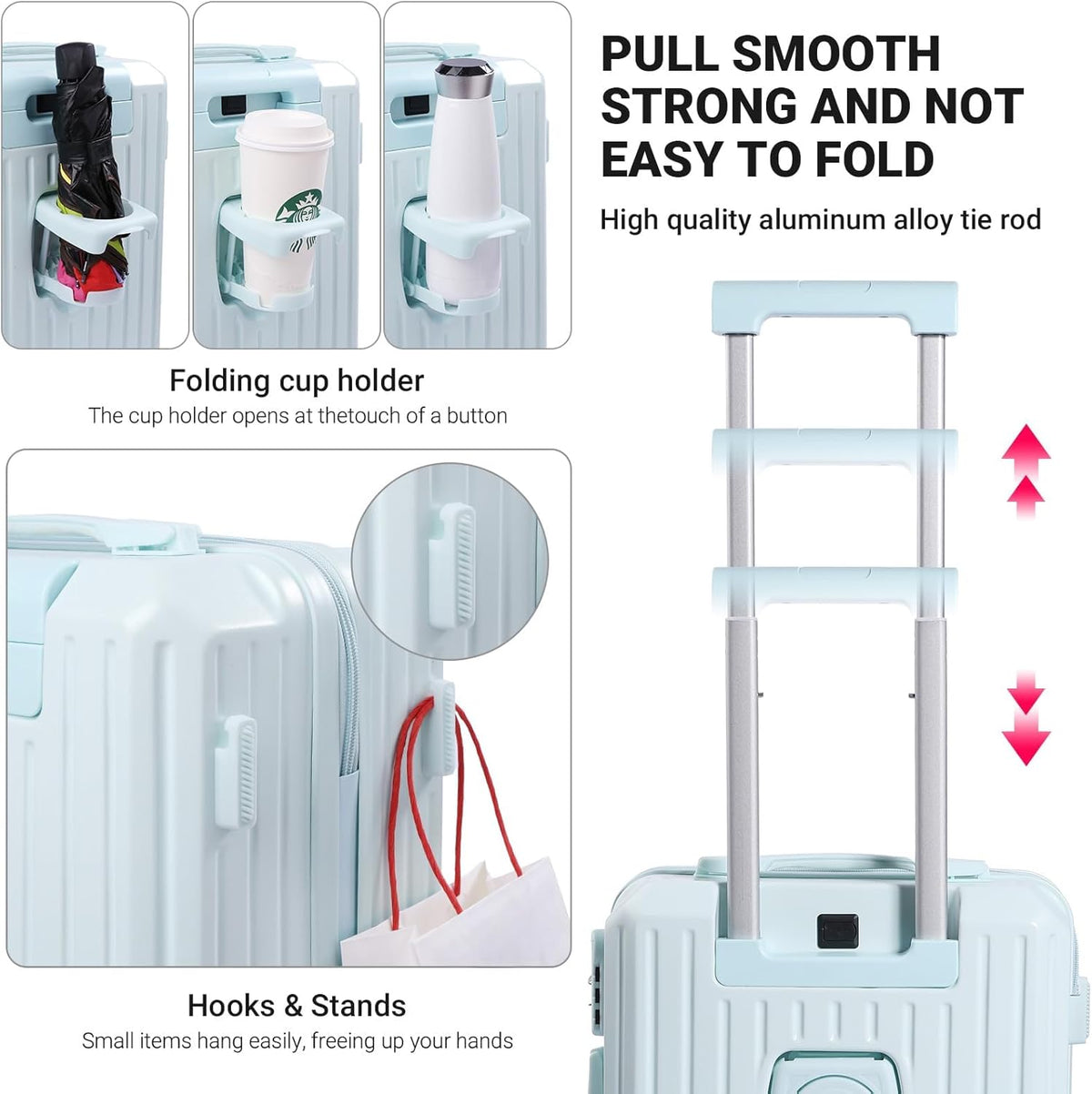 Carry-on Luggage with Cup Holder & USB Charging Port, Hard Side Luggage with Spinner Wheels, Lightweight Luggage for Travel, Business (White, Carry-On 20-Inch)