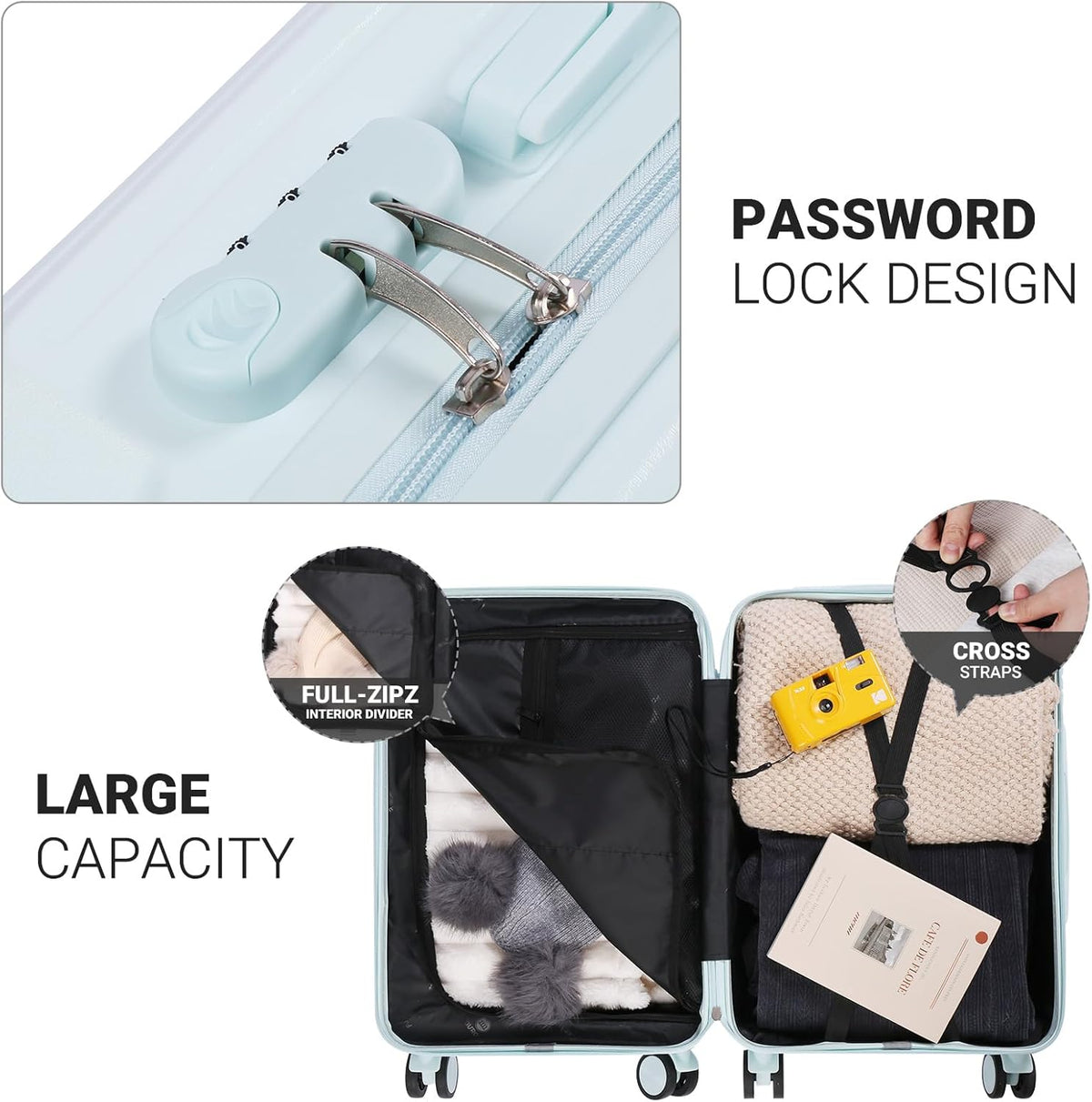 Carry-on Luggage with Cup Holder & USB Charging Port, Hard Side Luggage with Spinner Wheels, Lightweight Luggage for Travel, Business (White, Carry-On 20-Inch)
