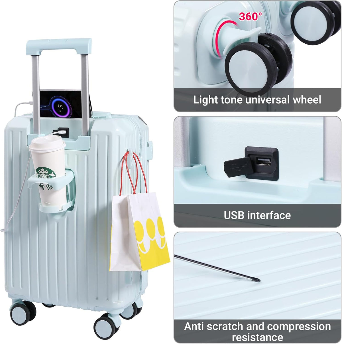 Carry-on Luggage with Cup Holder & USB Charging Port, Hard Side Luggage with Spinner Wheels, Lightweight Luggage for Travel, Business (White, Carry-On 20-Inch)